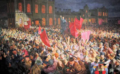 A gigantic painting of Lenin addressing the crowd upon his return to Russia during the Russian Revolution.  Note the disaffected bourgeoisie, military officers, and priests in the lower right.  The painting hangs in the Museum of Political History.