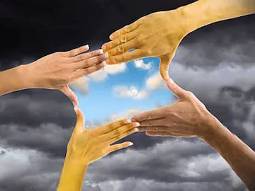 Man and woman making box form with hands, clear sky in box