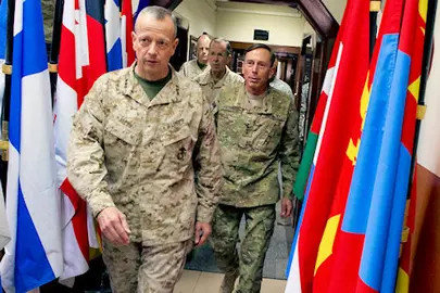110718-N-TT977-138U.S. Marine Corps Lt. Gen. John R. Allen, U.S. Army Gen. David H. Petraeus, commander, International Security Assistance Force and Chairman of the Joint Chiefs of Staff Adm. Mike Mullen arrive at the promotion ceremony for Allen at ISAF headquarters in Kabul, Afghanistan on July 18, 2011. (DoD photo by Mass Communication Specialist 1st Class Chad J. McNeeley/Released)