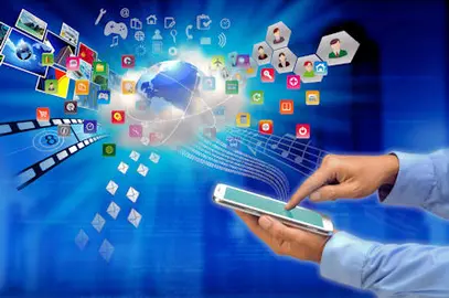 Conceptual image of a tablet user connect his activity with a cloud server via internet